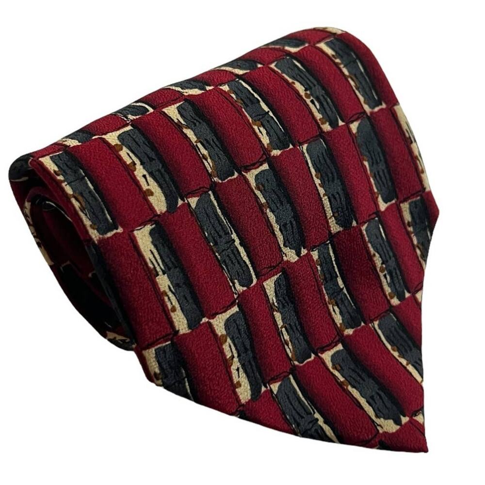 J. Garcia Film Noir Collection Fifteen Burgundy Gray Tan Geometric Silk Tie